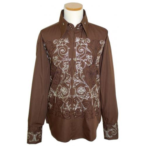 Manzini Chocolate Brown with Chocolate Brown/Cream Embroidered Long Sleeves 100% Cotton Shirt MZ-67
